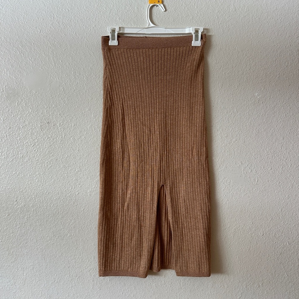 Free People Ribbed Midi Skirt in Warm Brown with Front Slit